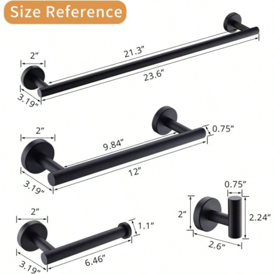 4 - Pieces Matte Black Bathroom Accessories Set, Stainless Steel Bathroom Hardware Set, Bath Towel Bar Set, Towel Racks Bathroom Wall Mounted.
