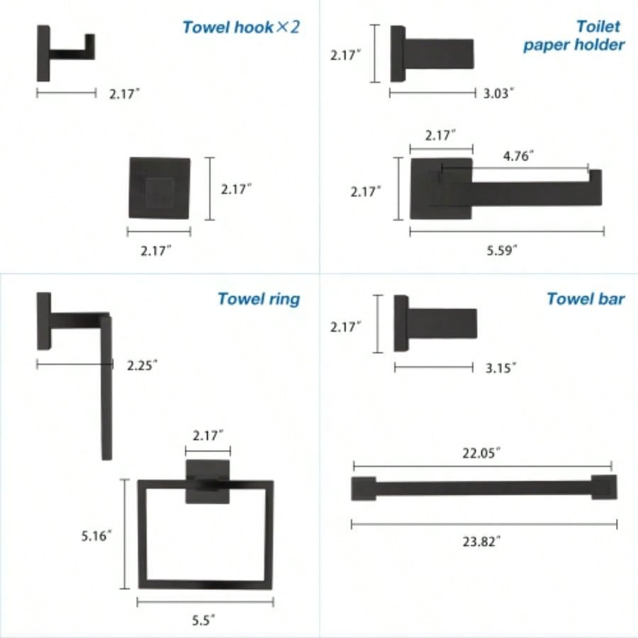 5 - Piece SUS304 Bathroom Set: Towel Bar+ Ring+ Hooks+ TP Holder, Brushed