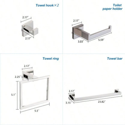 5 - Piece SUS304 Bathroom Set: Towel Bar+ Ring+ Hooks+ TP Holder, Brushed