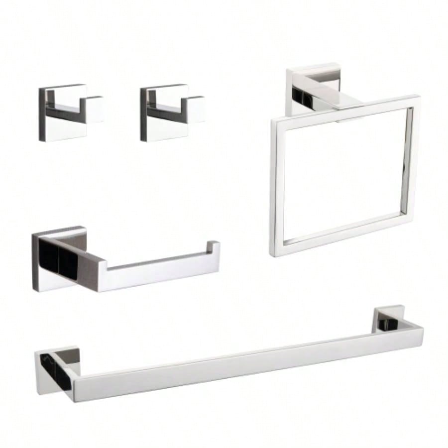 5 - Piece SUS304 Bathroom Set: Towel Bar+ Ring+ Hooks+ TP Holder, Brushed