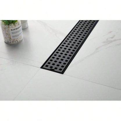 24 Inches Linear Shower Drain with Removable Quadrato Pattern Grate, 304 Stainless Shower Drain Included Hair Strainer and Leveling Feet, Flange