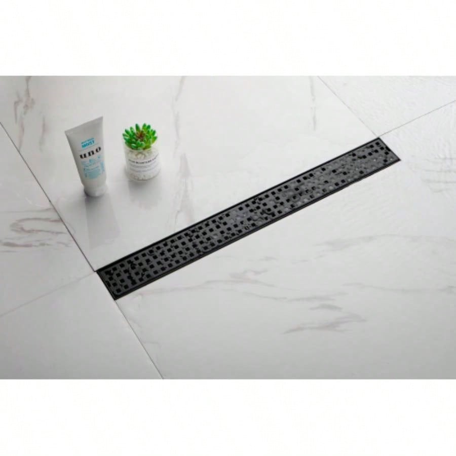 24 Inches Linear Shower Drain with Removable Quadrato Pattern Grate, 304 Stainless Shower Drain Included Hair Strainer and Leveling Feet