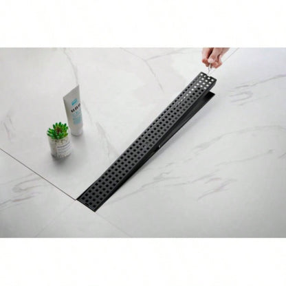 24 Inches Linear Shower Drain with Removable Quadrato Pattern Grate, 304 Stainless Shower Drain Included Hair Strainer and Leveling Feet