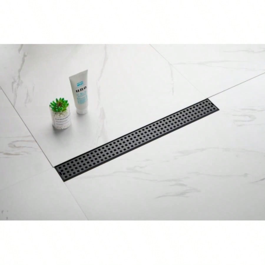 24 Inches Linear Shower Drain with Removable Quadrato Pattern Grate, 304 Stainless Shower Drain Included Hair Strainer and Leveling Feet