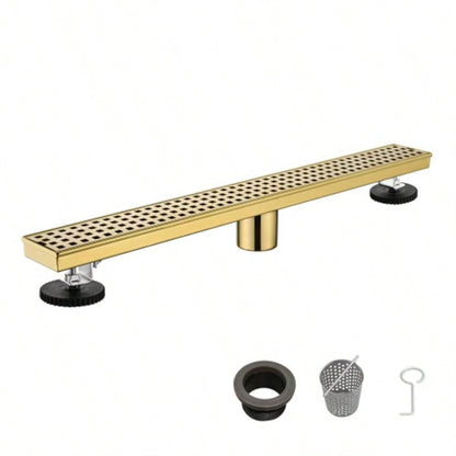 24 Inch Linear Shower Drain with Removable Quadrato Pattern Grate Cover, 304 Stainless Steel Shower Floor Drain with Hair Strainer and Leveling Feet
