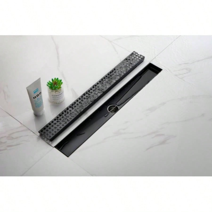24 Inches Linear Shower Drain with Removable Quadrato Pattern Grate, 304 Stainless Shower Drain Included Hair Strainer and Leveling Feet