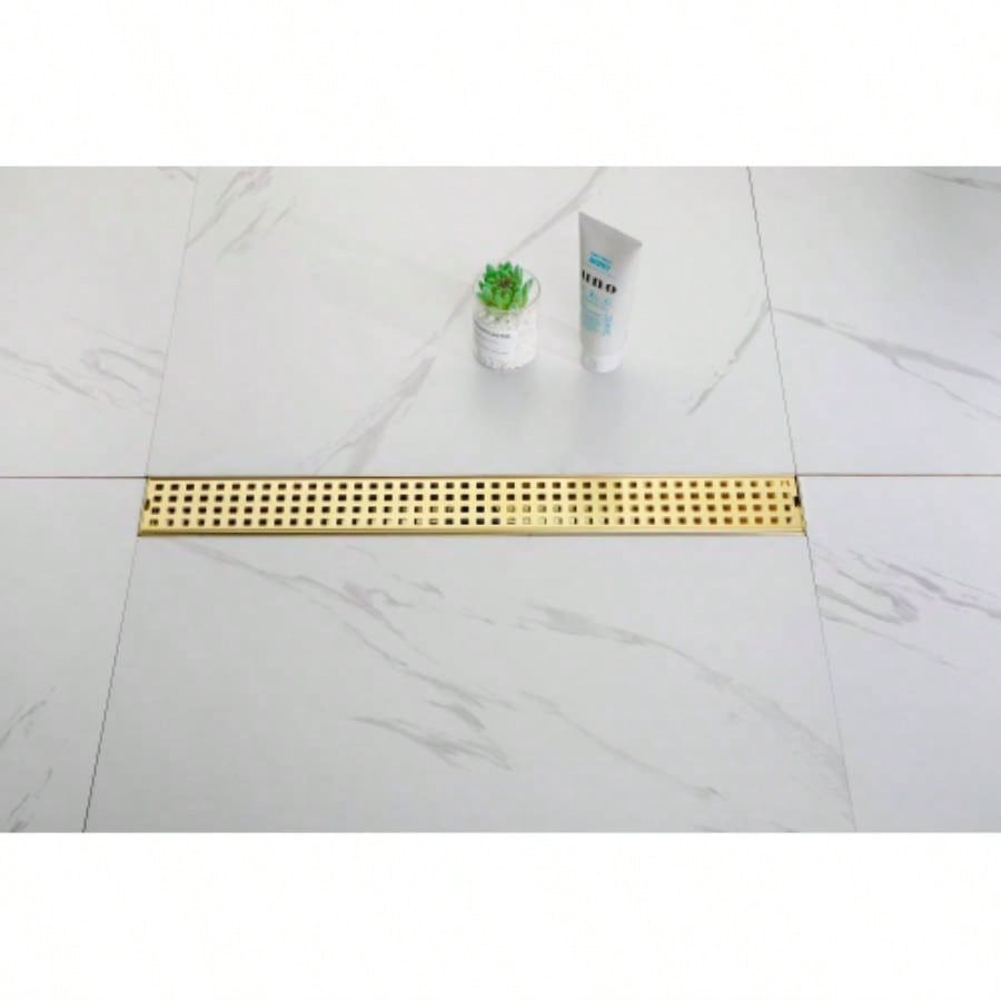 24 Inch Linear Shower Drain with Removable Quadrato Pattern Grate Cover, 304 Stainless Steel Shower Floor Drain with Hair Strainer and Leveling Feet
