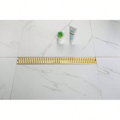 24 Inch Linear Shower Drain with Removable Quadrato Pattern Grate Cover, 304 Stainless Steel Shower Floor Drain with Hair Strainer and Leveling Feet