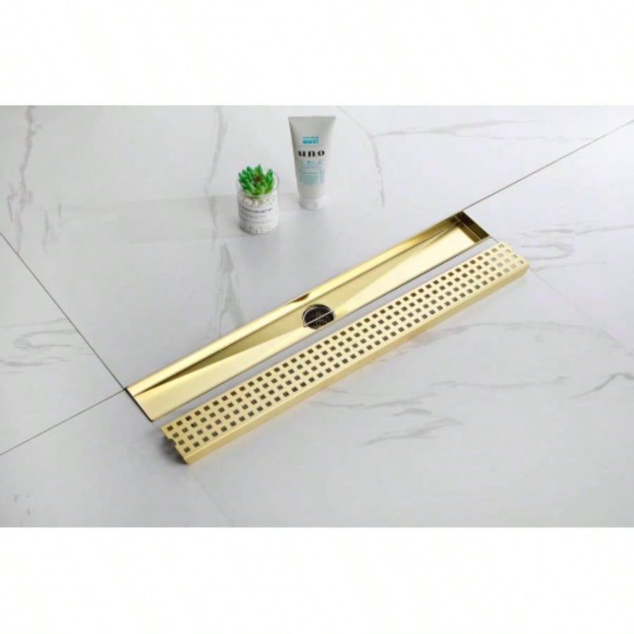 24 Inch Linear Shower Drain with Removable Quadrato Pattern Grate Cover, 304 Stainless Steel Shower Floor Drain with Hair Strainer and Leveling Feet