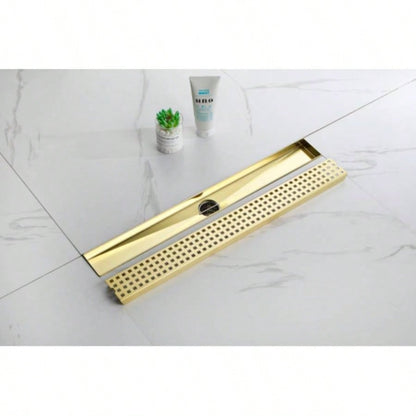 24 Inch Linear Shower Drain with Removable Quadrato Pattern Grate Cover, 304 Stainless Steel Shower Floor Drain with Hair Strainer and Leveling Feet