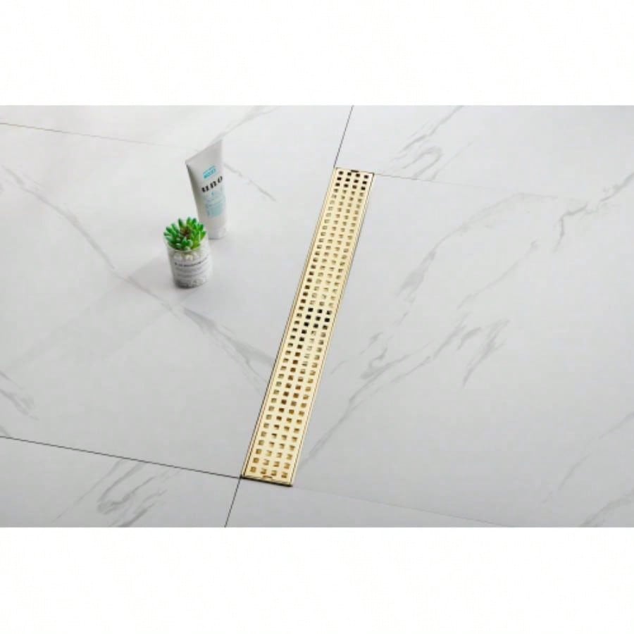 24 Inch Linear Shower Drain with Removable Quadrato Pattern Grate Cover, 304 Stainless Steel Shower Floor Drain with Hair Strainer and Leveling Feet
