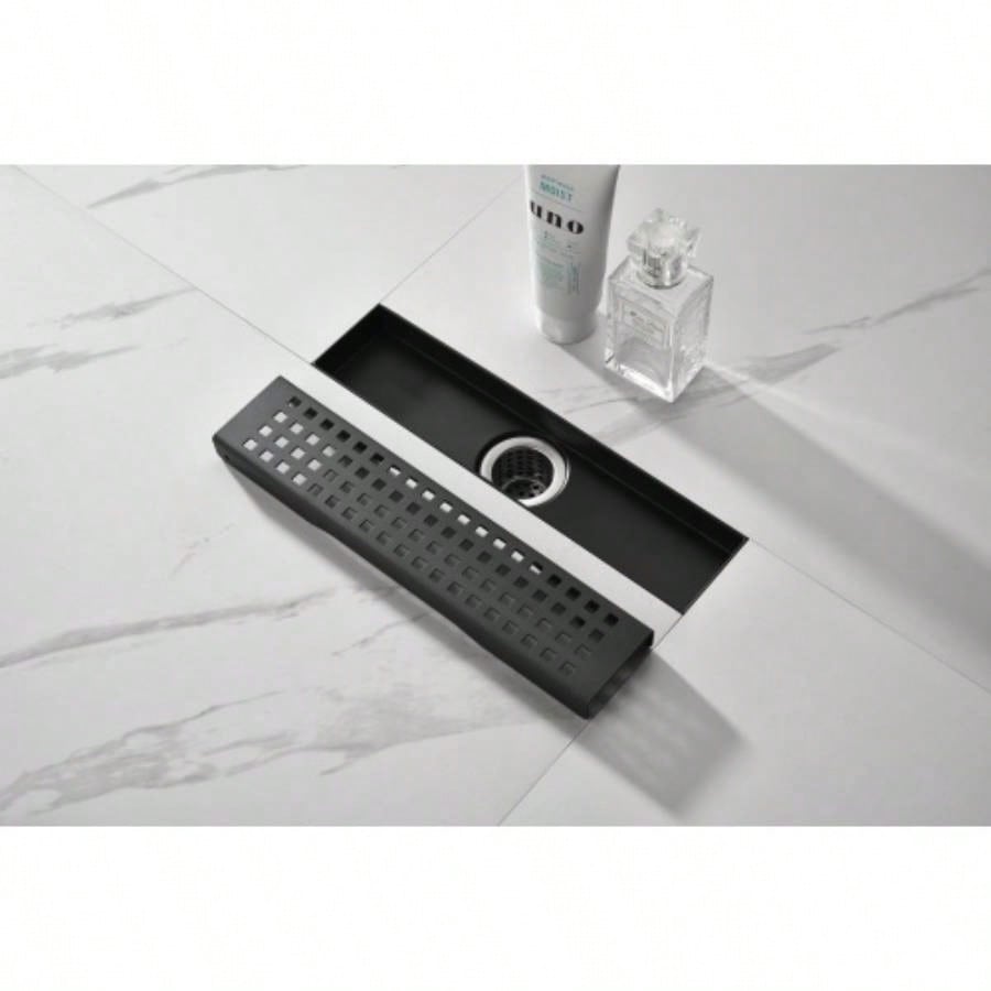12 Inches Linear Shower Drain with Removable Quadrato Pattern Grate, 304 Stainless Shower Drain Included Hair Strainer and Leveling Feet