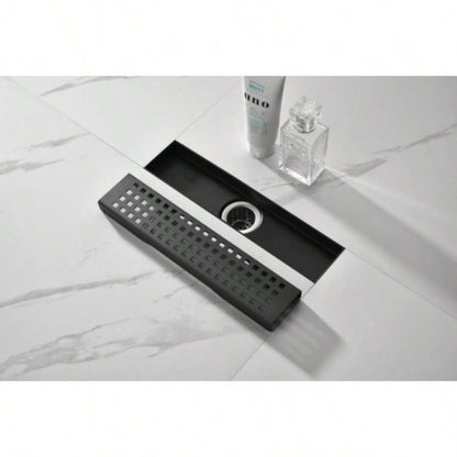 12 Inches Linear Shower Drain with Removable Quadrato Pattern Grate, 304 Stainless Shower Drain Included Hair Strainer and Leveling Feet