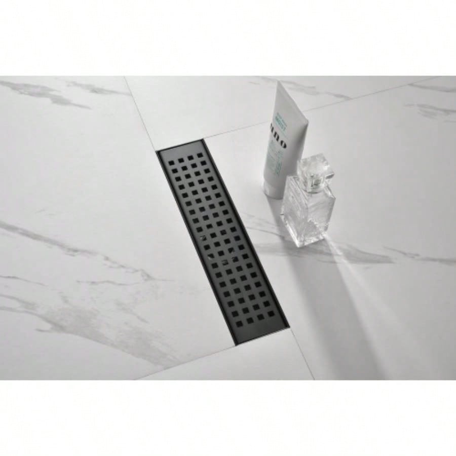 12 Inches Linear Shower Drain with Removable Quadrato Pattern Grate, 304 Stainless Shower Drain Included Hair Strainer and Leveling Feet