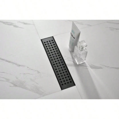 12 Inches Linear Shower Drain with Removable Quadrato Pattern Grate, 304 Stainless Shower Drain Included Hair Strainer and Leveling Feet