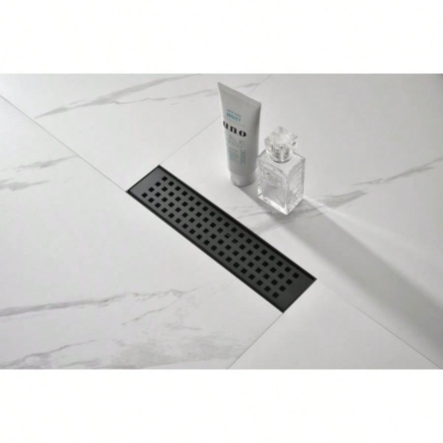 12 Inches Linear Shower Drain with Removable Quadrato Pattern Grate, 304 Stainless Shower Drain Included Hair Strainer and Leveling Feet