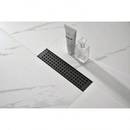 12 Inches Linear Shower Drain with Removable Quadrato Pattern Grate, 304 Stainless Shower Drain Included Hair Strainer and Leveling Feet, Flange