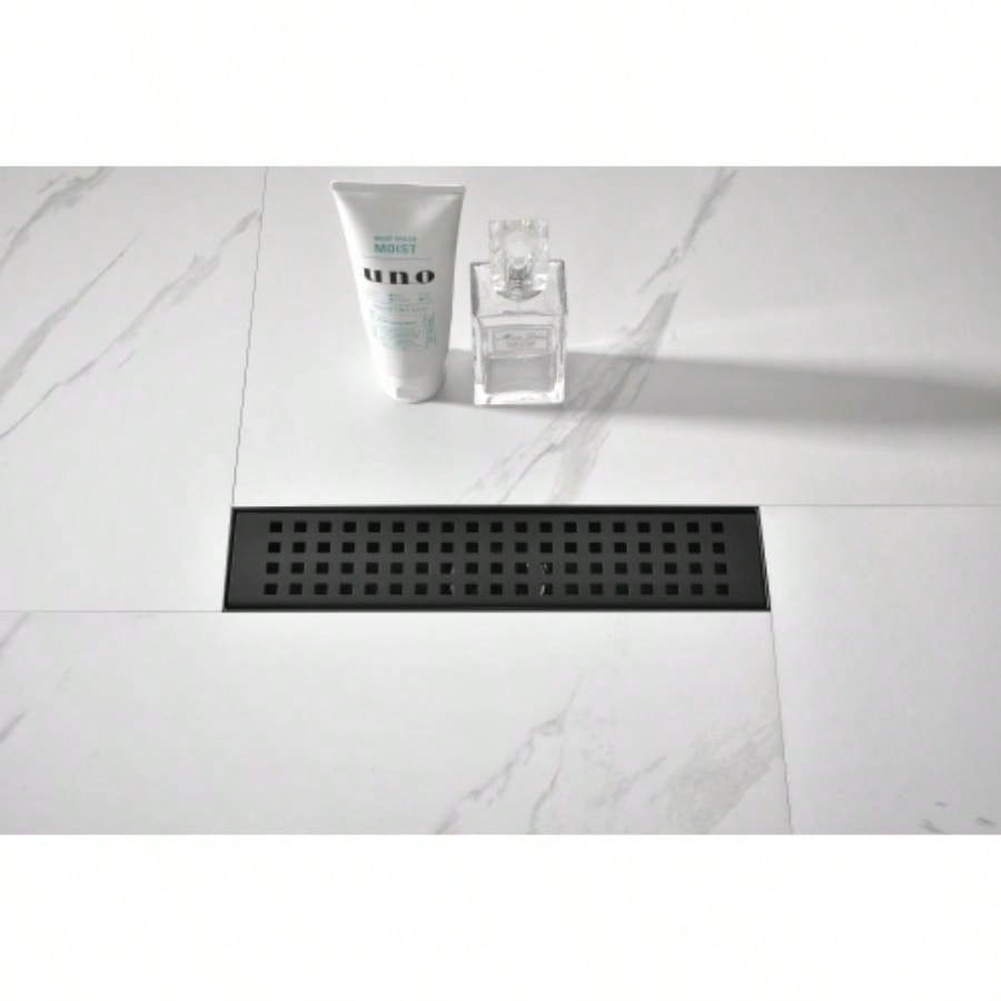 12 Inches Linear Shower Drain with Removable Quadrato Pattern Grate, 304 Stainless Shower Drain Included Hair Strainer and Leveling Feet