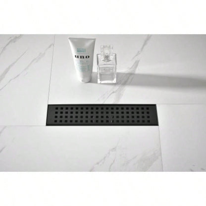 12 Inches Linear Shower Drain with Removable Quadrato Pattern Grate, 304 Stainless Shower Drain Included Hair Strainer and Leveling Feet
