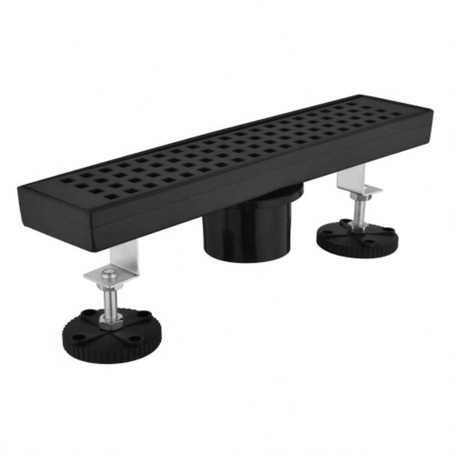 12 Inches Linear Shower Drain with Removable Quadrato Pattern Grate, 304 Stainless Shower Drain Included Hair Strainer and Leveling Feet, Flange