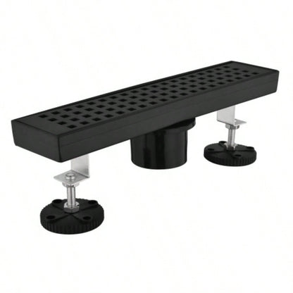 12 Inches Linear Shower Drain with Removable Quadrato Pattern Grate, 304 Stainless Shower Drain Included Hair Strainer and Leveling Feet, Flange