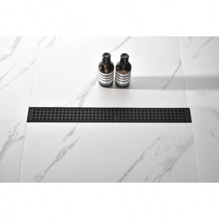 28 Inch Linear Shower Drain with Removable Quadrato Pattern Grate Cover, 304 Stainless Steel Shower Floor Drain with Hair Strainer and Leveling Feet