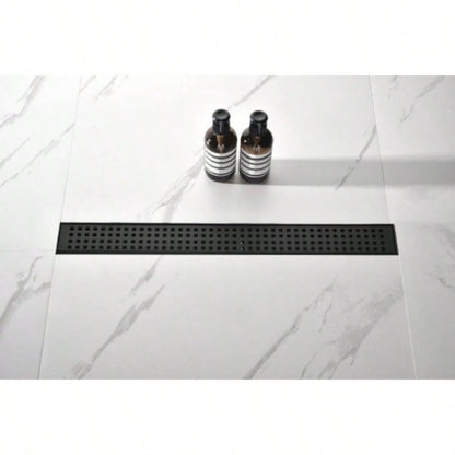 28 Inch Linear Shower Drain with Removable Quadrato Pattern Grate Cover, 304 Stainless Steel Shower Floor Drain with Hair Strainer and Leveling Feet