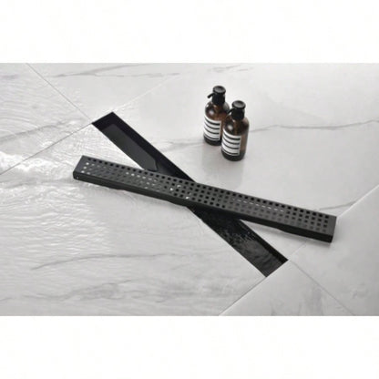 28 Inch Linear Shower Drain with Removable Quadrato Pattern Grate Cover, 304 Stainless Steel Shower Floor Drain with Hair Strainer and Leveling Feet