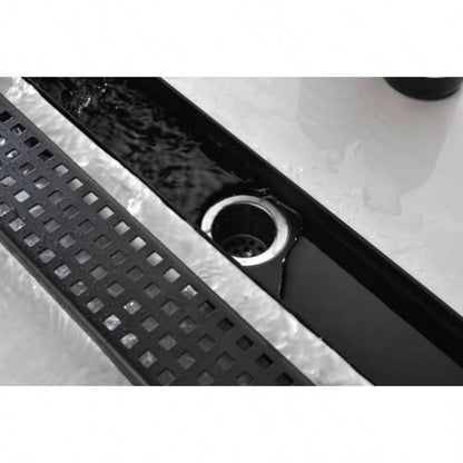 28 Inch Linear Shower Drain with Removable Quadrato Pattern Grate Cover, 304 Stainless Steel Shower Floor Drain with Hair Strainer and Leveling Feet