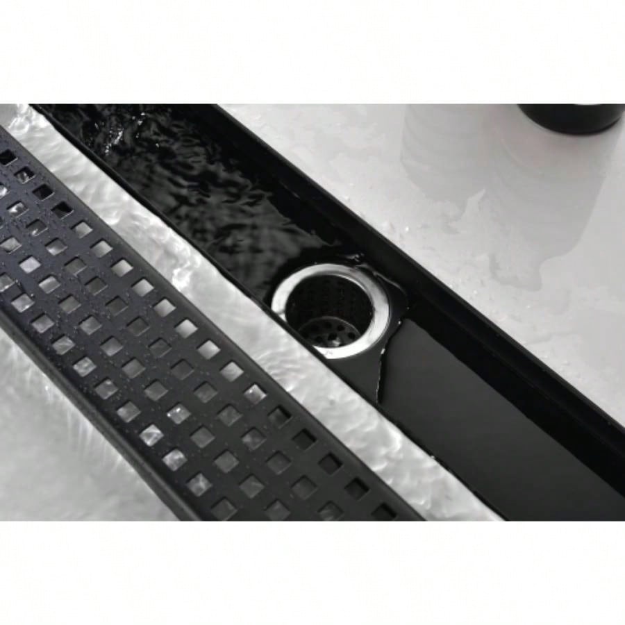 28 Inches Linear Shower Drain with Removable Quadrato Pattern Grate, 304 Stainless Shower Drain Included Hair Strainer and Leveling Feet, Flange