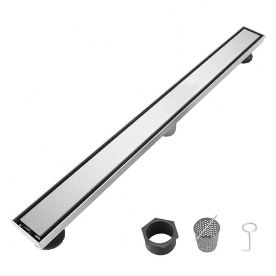 28 Inch Linear Shower Drain with Removable Cover, 304 Stainless Steel Shower Floor Drain with Hair Strainer and Leveling Feet