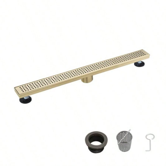 30 Inch Linear Shower Drain with Removable Quadrato Pattern Grate Cover, 304 Stainless Steel Shower Floor Drain with Hair Strainer and Leveling Feet