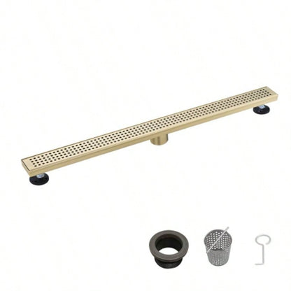 36 Inch Linear Shower Drain with Removable Quadrato Pattern Grate Cover, 304 Stainless Steel Shower Floor Drain with Hair Strainer and Leveling Feet