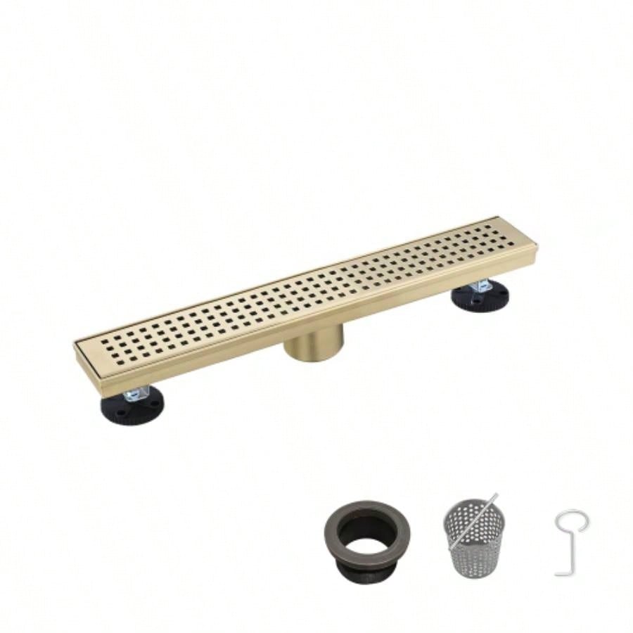 12 Inch Linear Shower Drain with Removable Quadrato Pattern Grate Cover, 304 Stainless Steel Shower Floor Drain with Hair Strainer and Leveling Feet