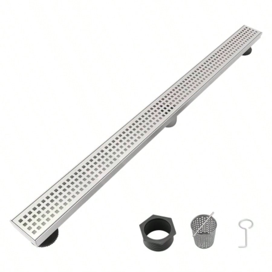 30 Inch Linear Shower Drain with Removable Quadrato Pattern Grate Cover, 304 Stainless Steel Shower Floor Drain with Hair Strainer and Leveling Feet