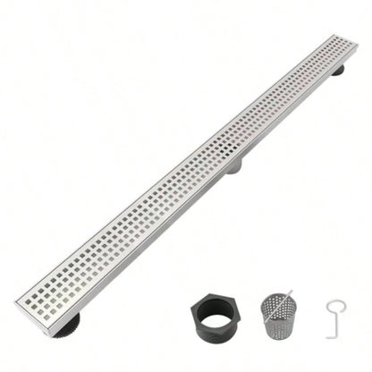 30 Inch Linear Shower Drain with Removable Quadrato Pattern Grate Cover, 304 Stainless Steel Shower Floor Drain with Hair Strainer and Leveling Feet