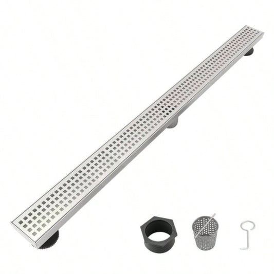 30 Inch Linear Shower Drain with Removable Quadrato Pattern Grate Cover, 304 Stainless Steel Shower Floor Drain with Hair Strainer and Leveling Feet
