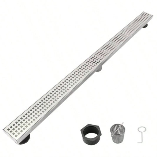 32 Inch Linear Shower Drain with Removable Quadrato Pattern Grate Cover, 304 Stainless Steel Shower Floor Drain with Hair Strainer and Leveling Feet