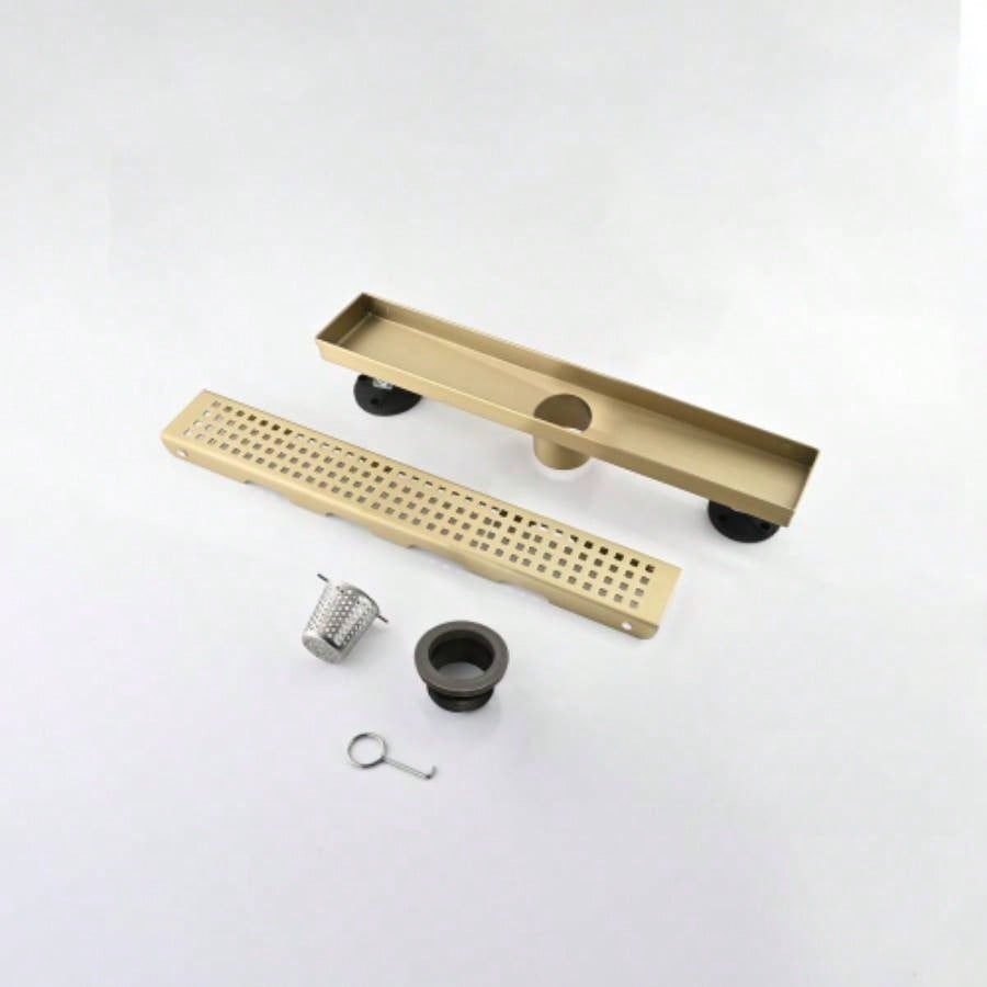 12 Inch Linear Shower Drain with Removable Quadrato Pattern Grate Cover, 304 Stainless Steel Shower Floor Drain with Hair Strainer and Leveling Feet