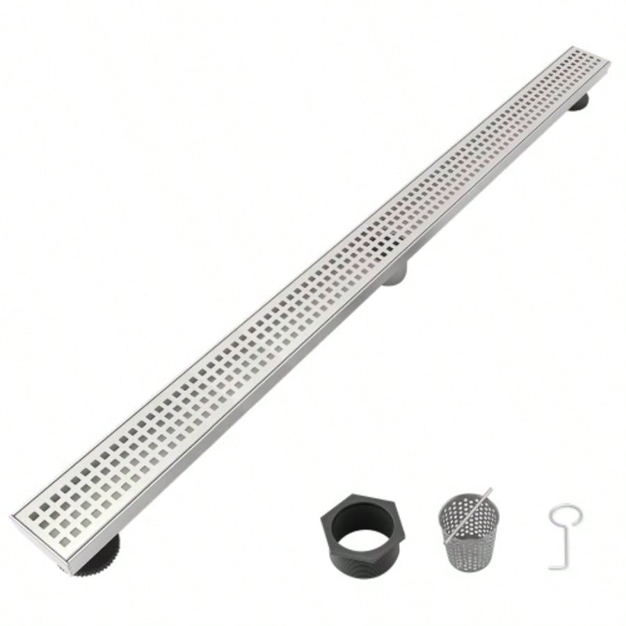 36 Inch Linear Shower Drain with Removable Quadrato Pattern Grate Cover, 304 Stainless Steel Shower Floor Drain with Hair Strainer and Leveling Feet