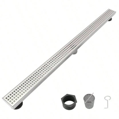 36 Inch Linear Shower Drain with Removable Quadrato Pattern Grate Cover, 304 Stainless Steel Shower Floor Drain with Hair Strainer and Leveling Feet
