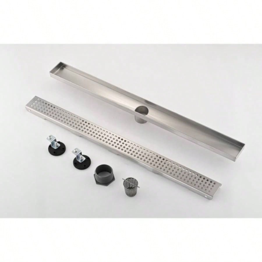 30 Inch Linear Shower Drain with Removable Quadrato Pattern Grate Cover, 304 Stainless Steel Shower Floor Drain with Hair Strainer and Leveling Feet
