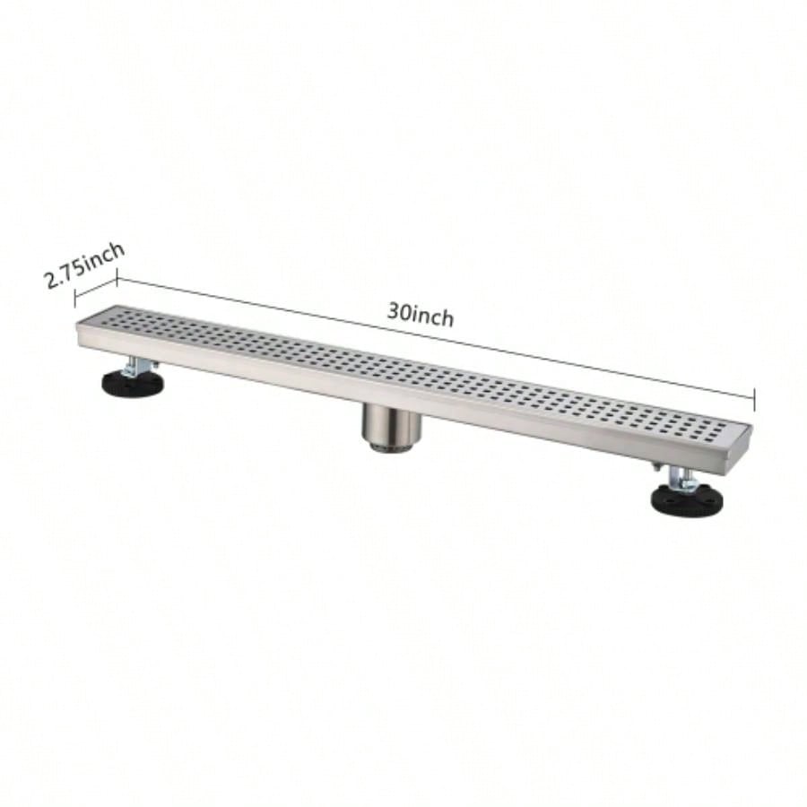 30 Inch Linear Shower Drain with Removable Quadrato Pattern Grate Cover, 304 Stainless Steel Shower Floor Drain with Hair Strainer and Leveling Feet