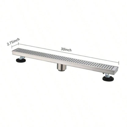 30 Inch Linear Shower Drain with Removable Quadrato Pattern Grate Cover, 304 Stainless Steel Shower Floor Drain with Hair Strainer and Leveling Feet