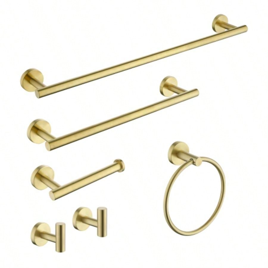 6 - Pieces Brushed Gold Bathroom Hardware Set SUS304 Stainless Steel Round Wall Mounted Includes Hand Towel Bar, Toilet Paper Holder, Robe Towel Hooks, Bathroom Accessories Kit