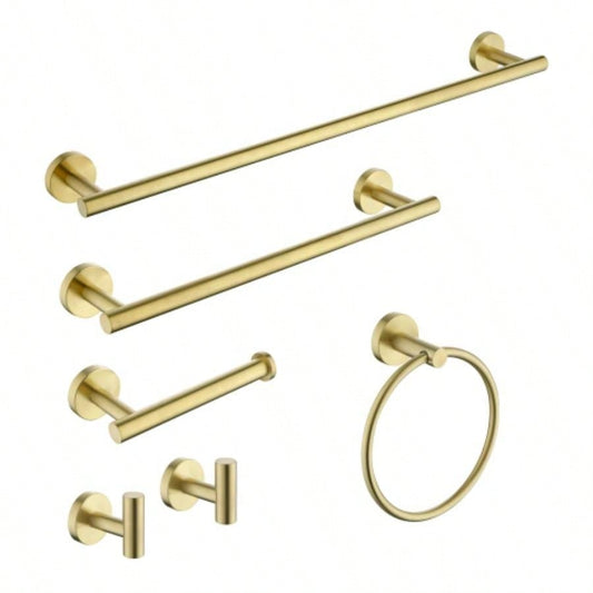 6 - Pieces Brushed Gold Bathroom Hardware Set SUS304 Stainless Steel Round Wall Mounted Includes Hand Towel Bar, Toilet Paper Holder, Robe Towel Hooks, Bathroom Accessories Kit