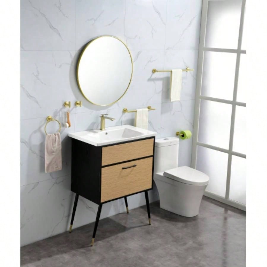 6 - Pieces Brushed Gold Bathroom Hardware Set SUS304 Stainless Steel Round Wall Mounted Includes Hand Towel Bar, Toilet Paper Holder, Robe Towel Hooks, Bathroom Accessories Kit