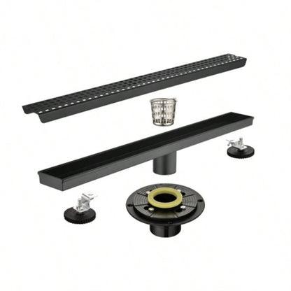 24 Inches Linear Shower Drain with Removable Quadrato Pattern Grate, 304 Stainless Shower Drain Included Hair Strainer and Leveling Feet, Flange