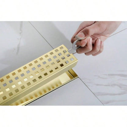 24 Inches Linear Shower Drain with Removable Quadrato Pattern Grate, 304 Stainless Shower Drain Included Hair Strainer and Leveling Feet, Flange
