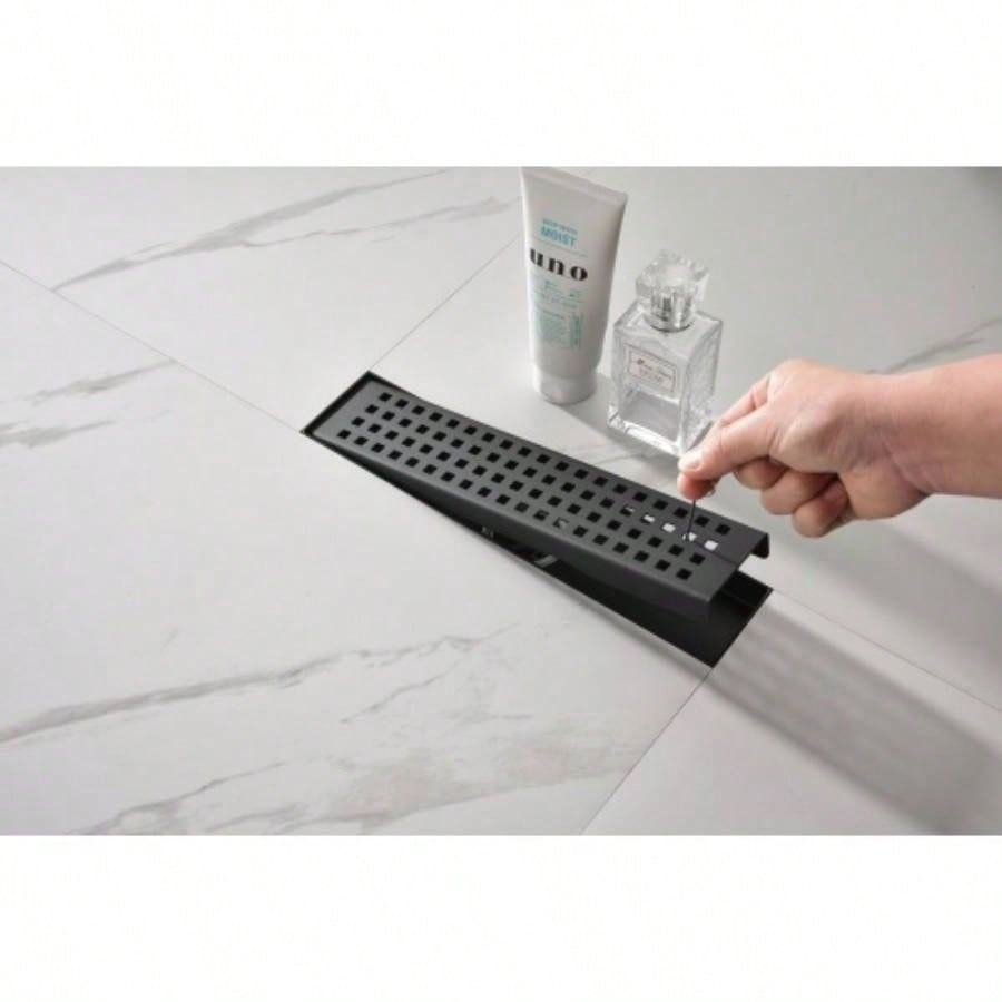 12 Inches Linear Shower Drain with Removable Quadrato Pattern Grate, 304 Stainless Shower Drain Included Hair Strainer and Leveling Feet, Flange